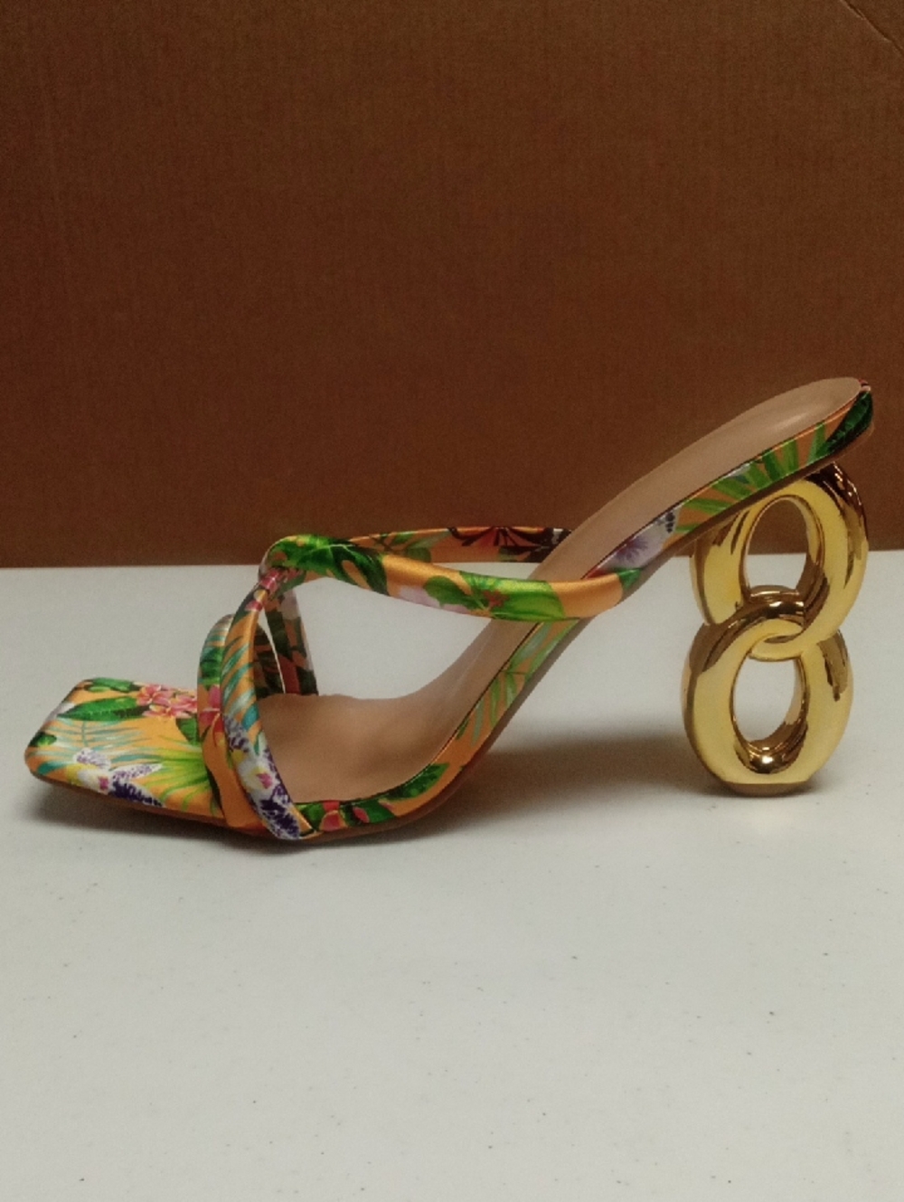 Floral Multicolor Strappy Mule with Gold Sculpted Heel